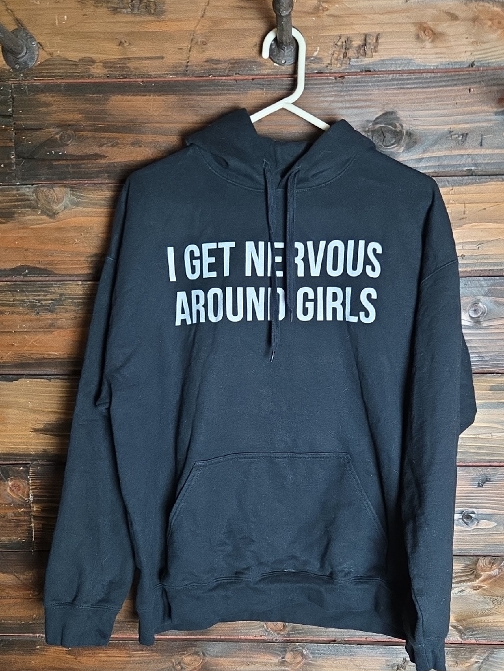 Black Graphic Hoodie Sweater with 'I Get Nervous Around Girls' Mens XL